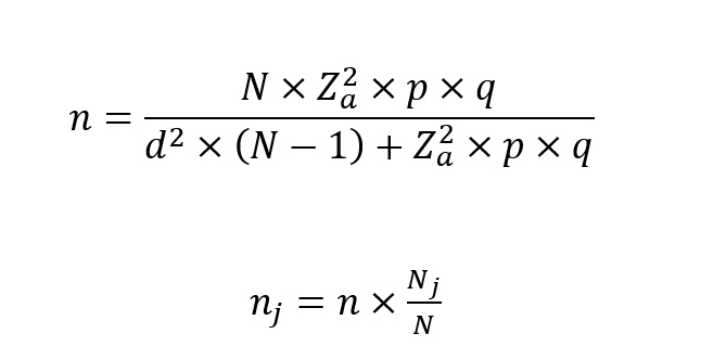 Fórmulas matemáticas que muestran el cálculo del tamaño de muestra y su ajuste proporcional.

Descripción generada con IA