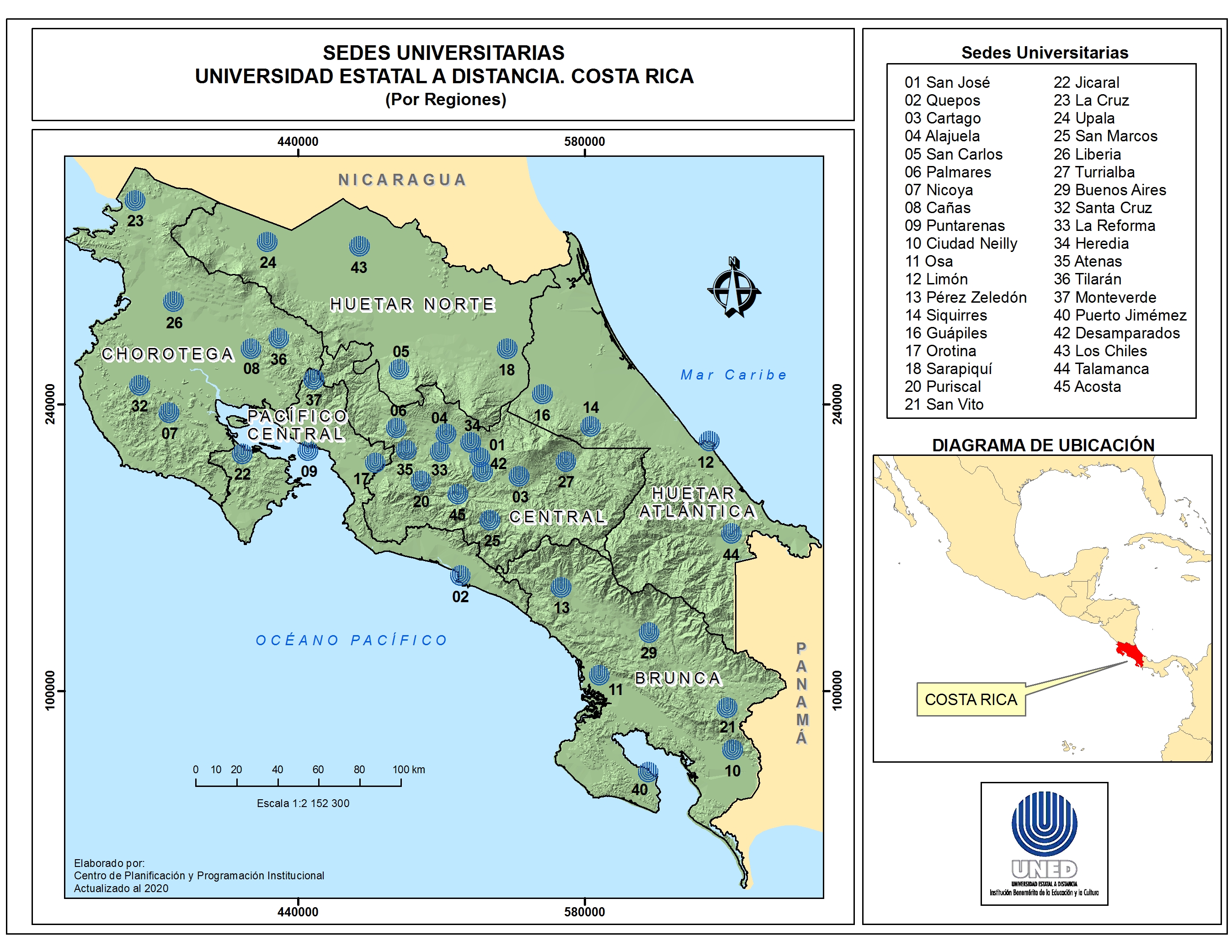 Distribución de los Centros Universitarios de la Universidad Estatal a Distancia